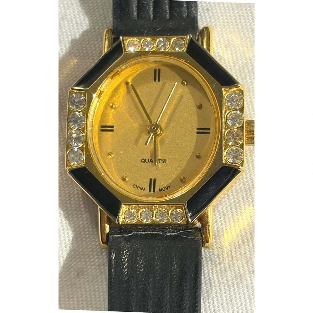 Gold Tone Black Accent Women's Quartz Fashion Watch‎ with Rhinestone Detail